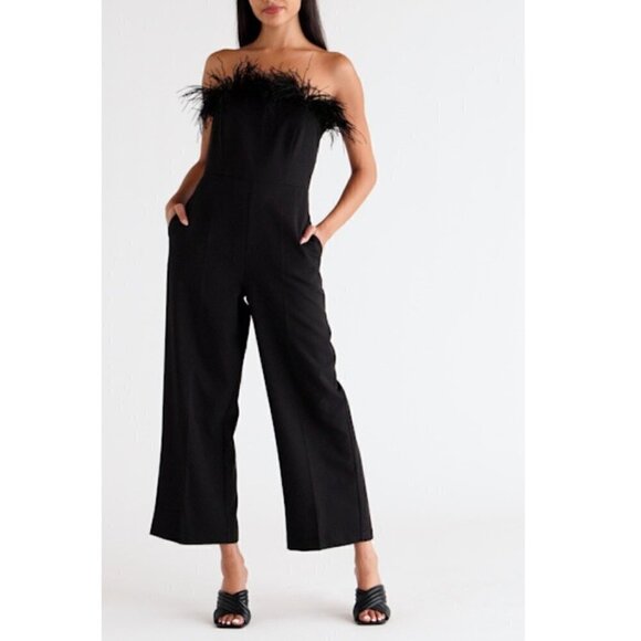 SAM EDELMAN Feather Trim Strapless Jumpsuit in Black Size US 0 - Picture 4 of 10
